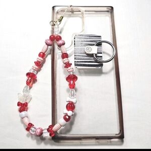 Cute Red and White Iridescent  Girly Dainty Beaded Phone Charm Wrist Strap